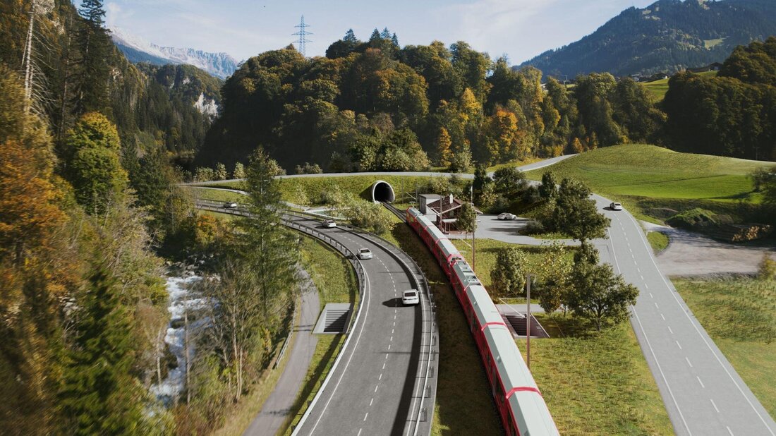 Stösst auf grossen Widerstand: So würde die neue Verkehrsführung bei Fideris mit der Nationalstrasse und der RhB-Strecke aussehen. (Visualisierung: RhB)