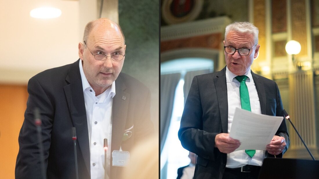 Zwei Seiten: Thomas Warzinek (Die Mitte, im Bild links) spricht sich gegen, Bernhard Hauser (GLP) für ein Kopftuchverbot aus. (Bilder: Benjamin Manser)