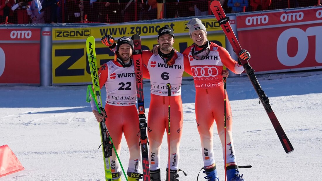 Überragend: Luca Aerni, Loic Meillard und Marco Odermatt sind im Riesenslalom die schnellsten. (Bild Keystone)