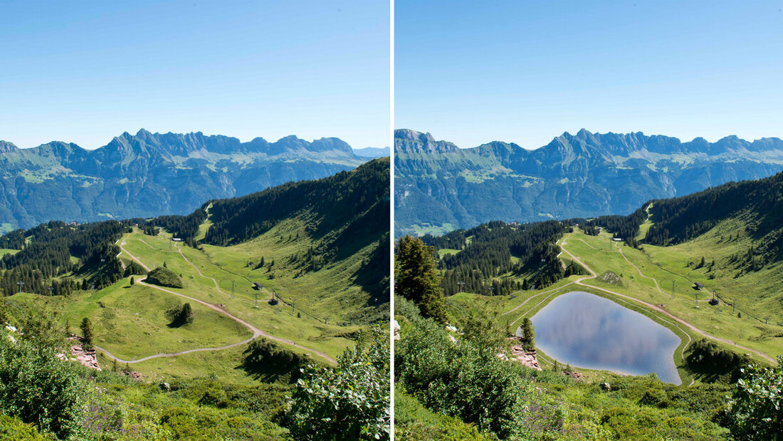 Vorher und nachher: So soll sich der neue Speichersee unterhalb des Stellisattels künftig in die Landschaft östlich der Bergstation Stelli einfügen. (Bild und Visualisierung: Bergbahnen Flumserberg)