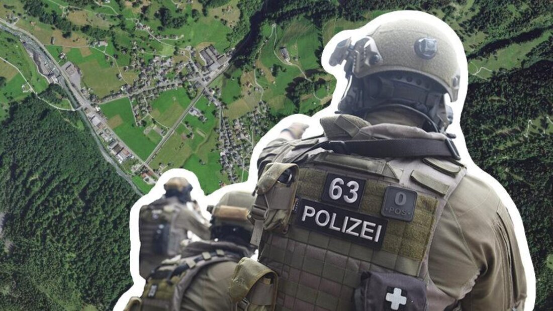 Bedrohungssituation in Engi: Beim Grosseinsatz der Polizei rückt auch eine Interventionsgruppe an, die nach mehreren Stunden einen 60-jährigen Mann widerstandslos in Gewahrsam nehmen kann. (Bilder: Swisstopo, Kantonspolizei Graubünden | Montage: Marco Lüthi)