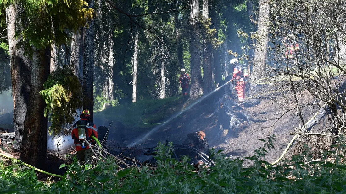 Der Wald brennt: Am Freitag standen 25 Feuerwehrleute in Lenzerheide im Einsatz. (Bild: Kantonspolizei Graubünden)