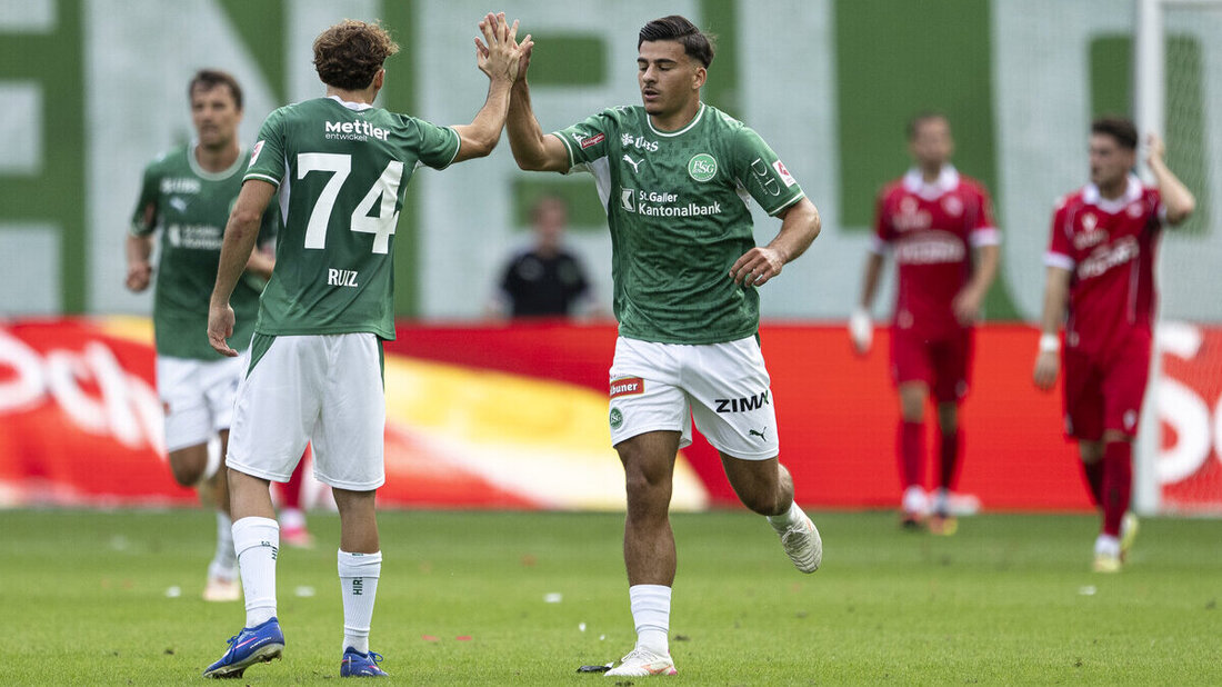 Torschütze nicht nur beim FCSG: Nevio Scherrer (rechts) trifft auch für die Schweizer U19. (Bild: Keystone)