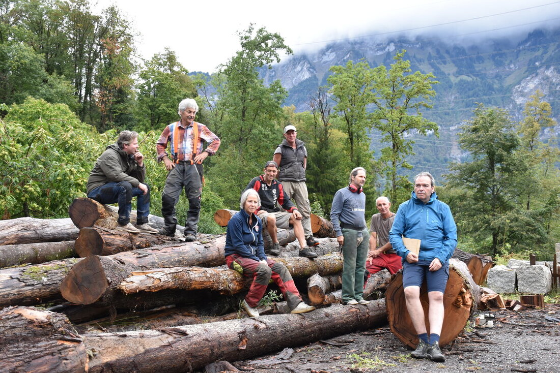 Erschaffen aus Edelkastanienholz Kunstwerke für die Öffentlichkeit in Murg: Die Mitglieder des ersten Holzbildhauersymposium, organisiert von Patrick Kaufmann (vorne). (Bilder: Katrin Wetzig)