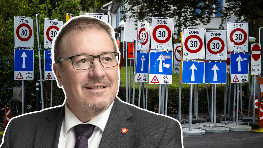 Ein Dorn im Auge: Der Melser SVP-Nationalrat will gegen den Schilderwald ankämpfen. (Bilder: Keystone)