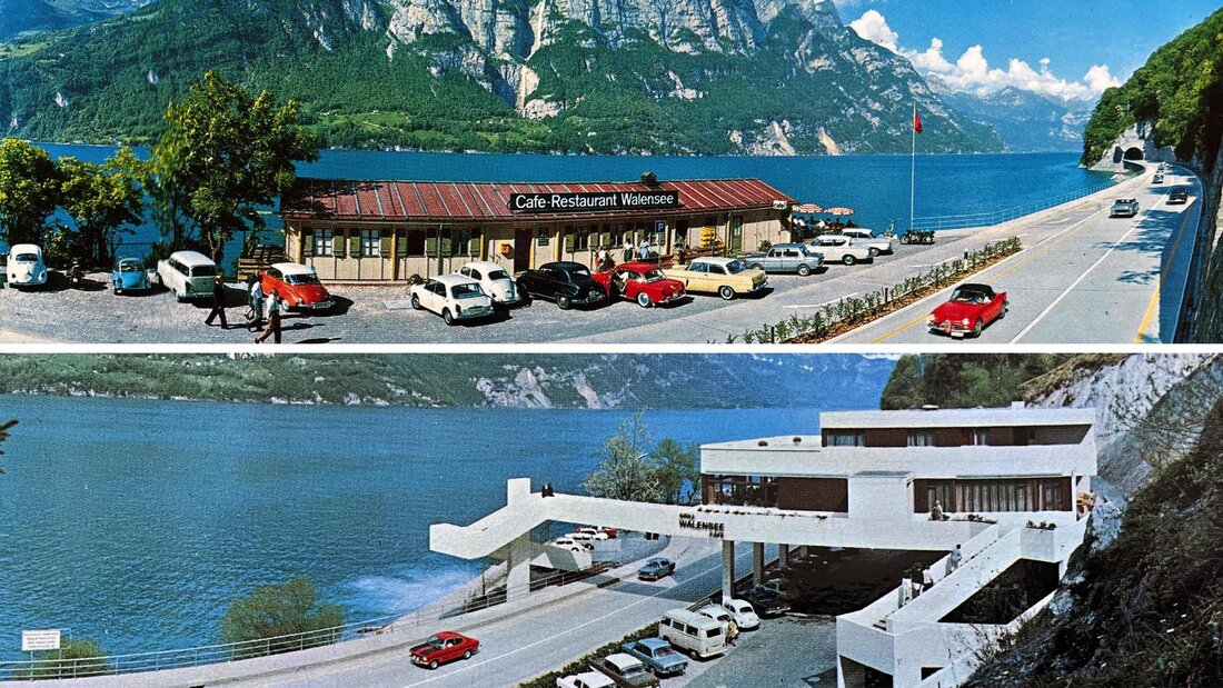 Von der Baubaracke zum Betonbau: Zwei Postkartenbilder aus den 1960er-Jahren zeigen die Situation im Sallerentobel. (Archivbild)
