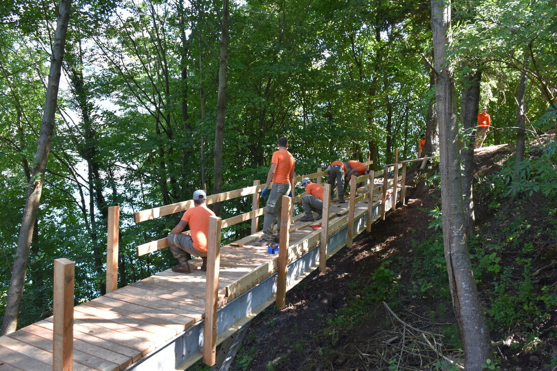 Bewältigen Herausforderungen in unwegsamem Gelände: Die Zivilschützer erstellen eine neue Brücke für den Besinnungsweg der Schönstätter Marienschwestern. (Bild: Katrin Wetzig)