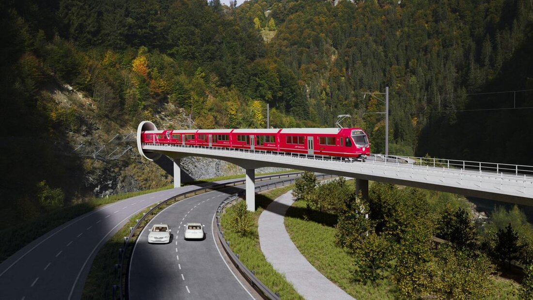 Nationalstrasse wird begradigt: So ist die Linienführung kurz vor dem neuen RhB-Tunnel bei Fideris vorgesehen. (Visualisierung RhB)