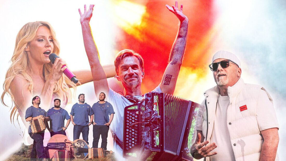 Am kommenden 31. Juli die grossen Stars am Schlager Open Air auf dem Flumserberg. Melissa Naschenweng, die Genderbüebu, Florian Silbereisen und DJ Ötzi. (Bilder: Keystone, Pressedienst/Bildmontage: «Sarganserländer»)