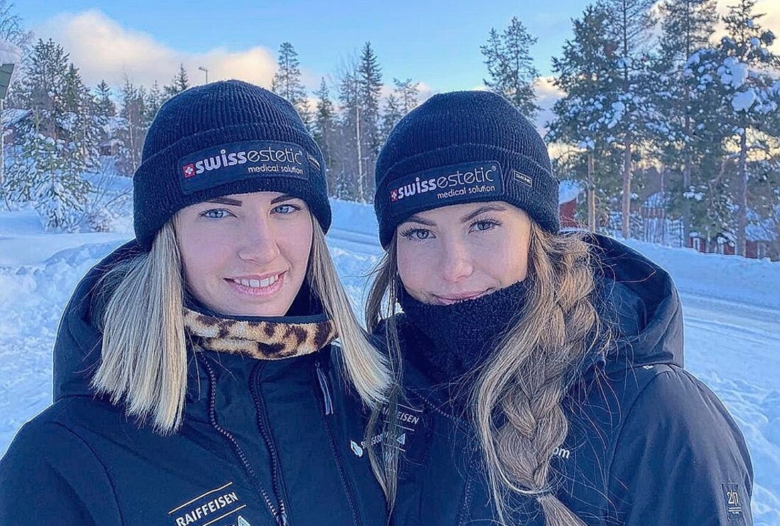 In WM-Stimmung trotz Minus 20 Grad: Die Walenstadter Snowboarderinnen Aline Albrecht (links) und Lara Casanova haben sich in Schweden akklimatisiert. (Pressebild) 17684_17687.jpg