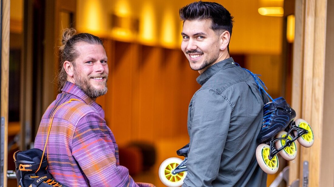 Auf sechs Rädern von Europa bis in die Antarktis: Manuel Neuhold (rechts) will gleich zwei Weltrekorde auf den Skates aufstellen. Am Montag in Mels wird zudem «Morgen-Joe» Joe Keller von seiner «Everesting»-Challenge berichten. (Bild: Michaela Koch)