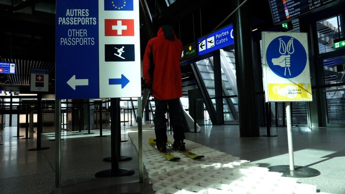Skifahrer sollen in Zukunft am Flughafen Genf auf Skiern vom Terminal zum Gate und dann zum Flugzeug gelangen. 20230401134112321.jpg