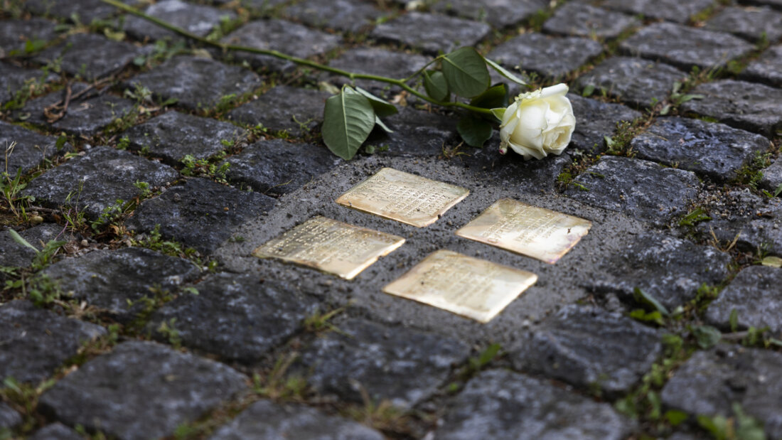 Eine Rose liegt neben vier Stolpersteinen, die im Mai in Biel verlegt wurden. (Archivbild) 20250812142012280.jpg