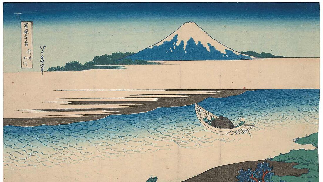 "Der Fluss Tama (Tamagawa) in der Provinz Musashi" von Katsushika Hokusai aus der Serie "36 Ansichten des Berges Fuji" in der Ausstellung "Made in Japan" im Kunstmuseum Basel. 20240314152359622.jpg