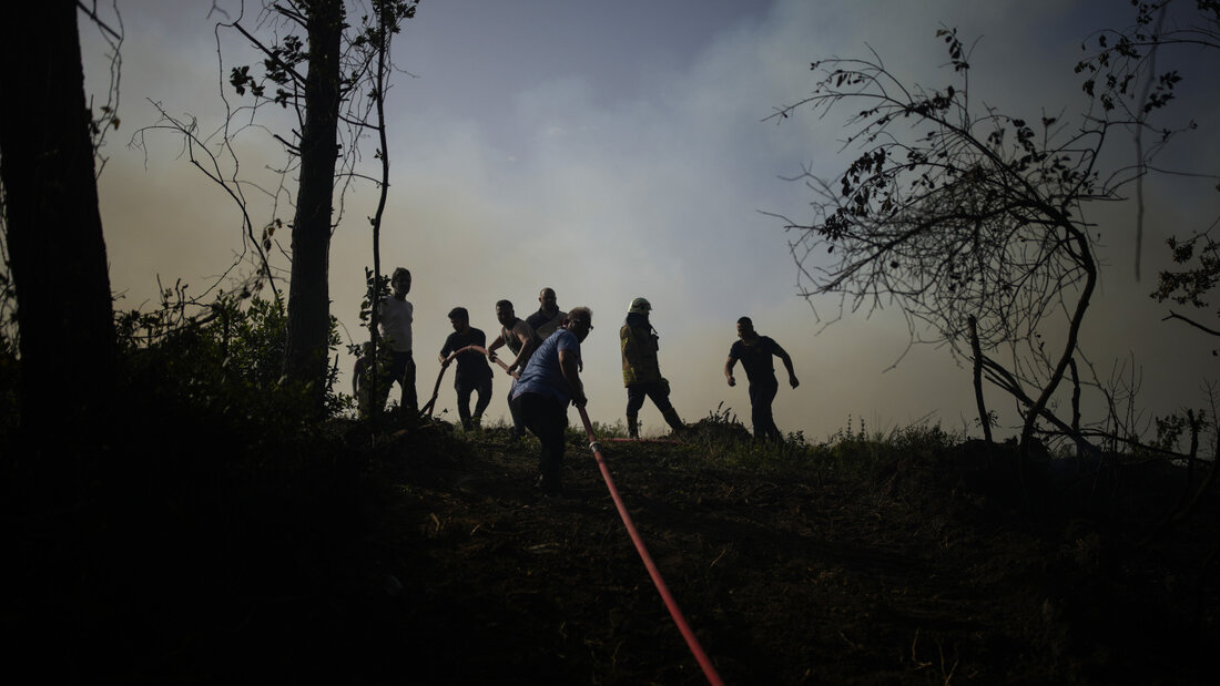ARCHIV - Einheimische und Feuerwehrleute versuchen, einen Waldbrand in Beykoz, einem Vorort von Istanbul, zu löschen. Nun bekämpfen Einsatzkräfte im Osten der türkischen Hauptstadt Ankara einen Waldbrand. Foto: Emrah Gurel/AP/dpa/Archivbild 20260823232320070.jpg