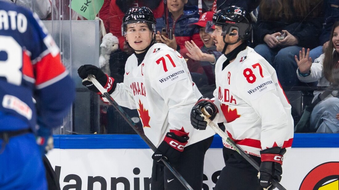 Der Meister und sein Nachfolger: Altmeister Sidney Crosby (rechts) will dem 18 Jahre jüngeren neuen Captain Macklin Celebrini so gut wie möglich helfen 20260519043030453.jpg