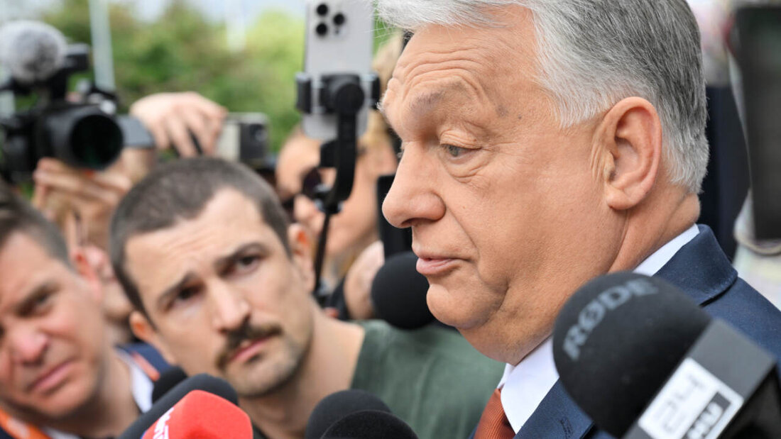 Der Vorsitzende der Fidesz-Partei und ehemalige ungarische Ministerpräsident Viktor Orbán spricht bei seiner Ankunft auf dem Arbeitskongress der Oppositionspartei Fidesz mit der Presse. Foto: Zoltan Mathe/MTI/AP/dpa 20260615185056235.jpg