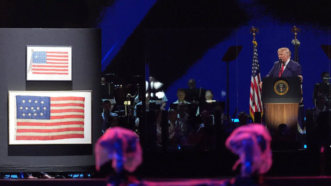 dpatopbilder - US-Präsident Donald Trump bei seiner Rede auf der National Mall in Washington. Foto: Alex Brandon/AP/dpa 20260705070109736.jpg