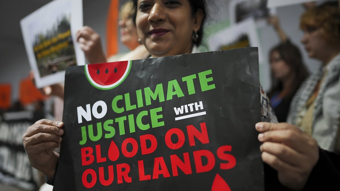 Aktivisten nehmen mit Schildern mit der Aufschrift «No Climate Justice with Blood on our Lands» an einer Demonstration für Klimagerechtigkeit auf dem Cop29-Klimagipfel teil. Foto: Peter Dejong/AP/dpa 20241115100512954.jpg