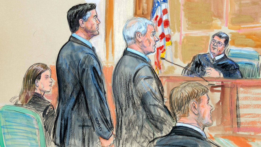 ARCHIV - Diese Skizze des Gerichtssaals zeigt den ehemaligen FBI-Direktor James Comey (2.v.l) und seine Anwälte Jessica Carmichael (l) und Patrick J. Fitzgerald (M). Foto: Dana Verkouteren/AP/dpa 20251117213428433.jpg