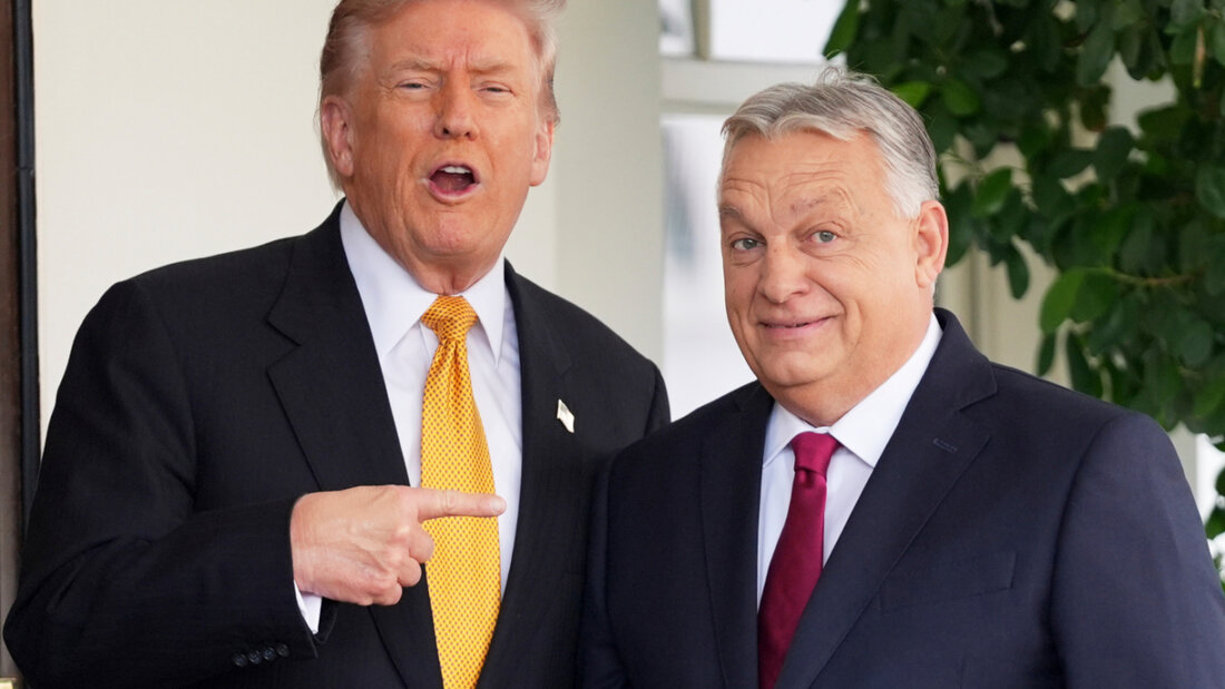 dpatopbilder - US-Präsident Donald Trump (l) begrüßt Ungarns Ministerpräsident Viktor Orban im Weißen Haus. Foto: Evan Vucci/AP/dpa 20251107203152199.jpg