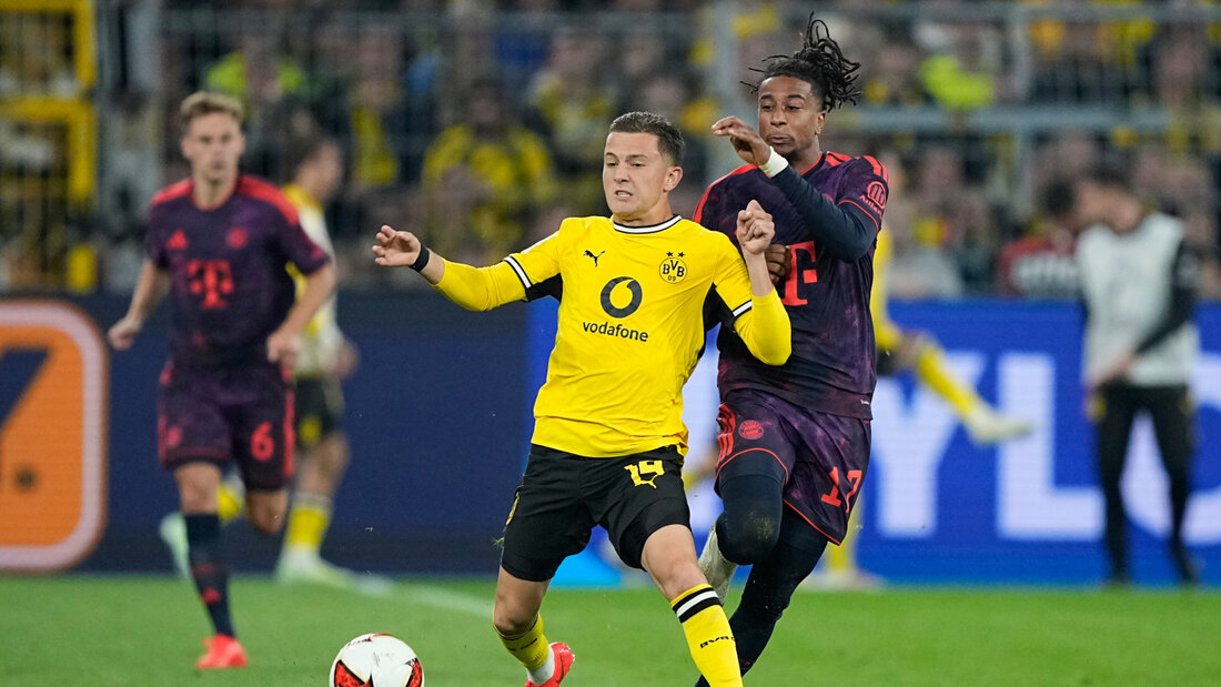 Michael Olise (rechts) war mit einem Tor und einer Vorlage Bayerns Matchwinner beim 2:1-Sieg in Dortmund 20260822224101843.jpg