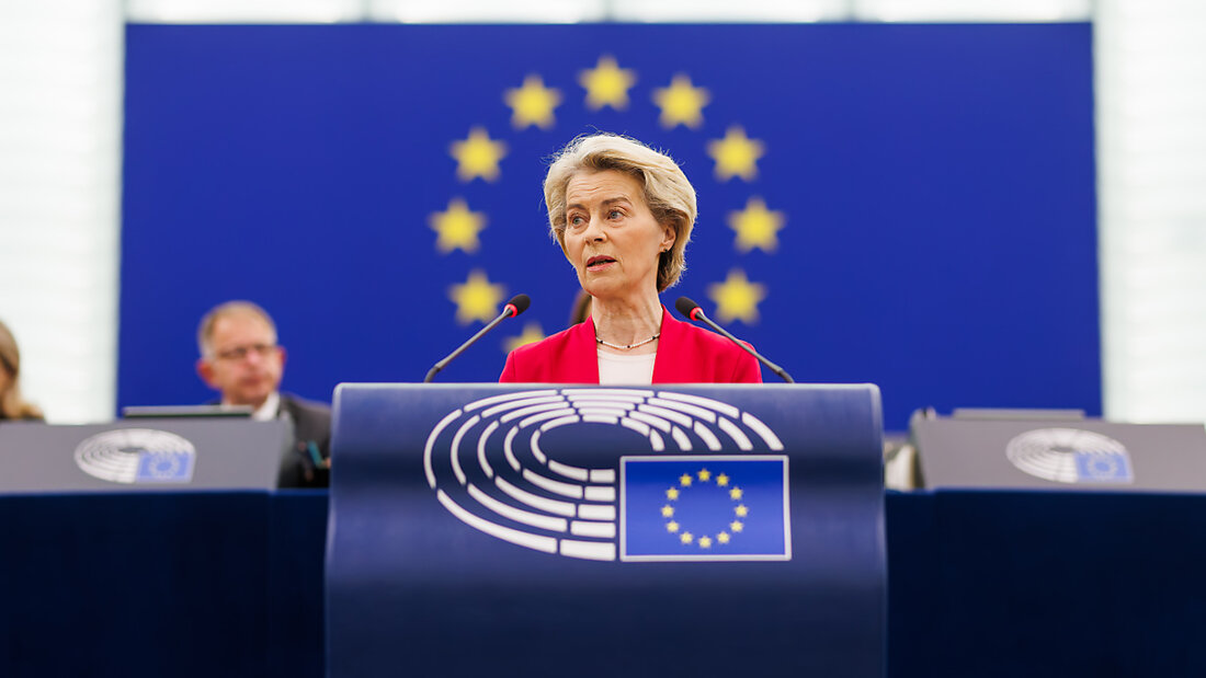 ARCHIV - Ursula von der Leyen (CDU), Präsidentin der Europäischen Kommission, steht im Gebäude des Europäischen Parlaments und spricht. Foto: Philipp von Ditfurth/dpa 20250416151138126.jpg