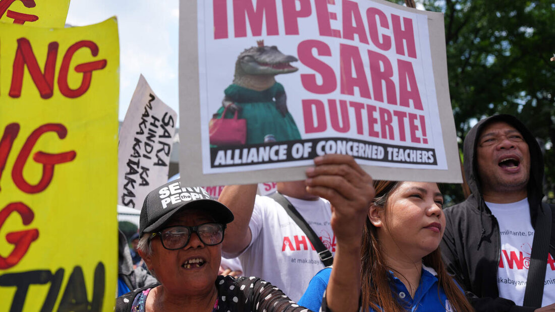 ARCHIV - Demonstrantinnen und Demonstranten fordern die Amtsenthebung von Vizepräsidentin Sara Duterte. Foto: Aaron Favila/AP/dpa/Archivbild 20260706092353932.jpg