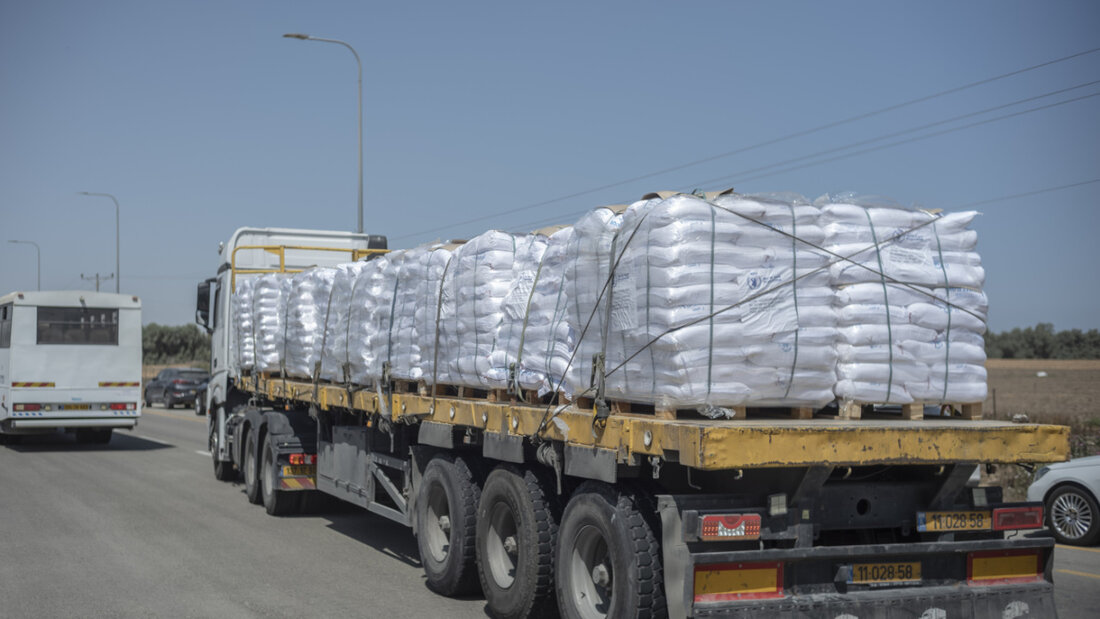 ARCHIV - Lastwagen mit dem Logo des Welternährungsprogramms liefern Hilfsgüter über den Grenzübergang Kerem Shalom nach Gaza. Foto: ILIA YEFIMOVICH/dpa 20251009112205054.jpg