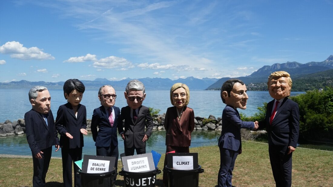 Satirische Figuren der Hilfsorganisation Oxfam mit den Köpfen der G7-Staats- und Regierungschefs vor dem G7-Gipfel in Evian-les-Bains. 20260615001458700.jpg