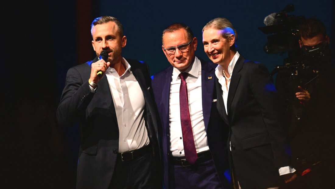 Ulrich Siegmund (l, AfD), Spitzenkandidat und Co-Vorsitzender der AfD-Landtagsfraktion Sachsen-Anhalt, spricht neben Tino Chrupalla (M, AfD), Bundesvorsitzender und Co-Vorsitzender der AfD-Bundestagsfraktion, und Alice Weidel (AfD), Bundesvorsitzende und Co-Vorsitzende der AfD-Bundestagsfraktion, bei der Wahlparty der AfD. Foto: Sebastian Gollnow/dpa 20260906215526125.jpg
