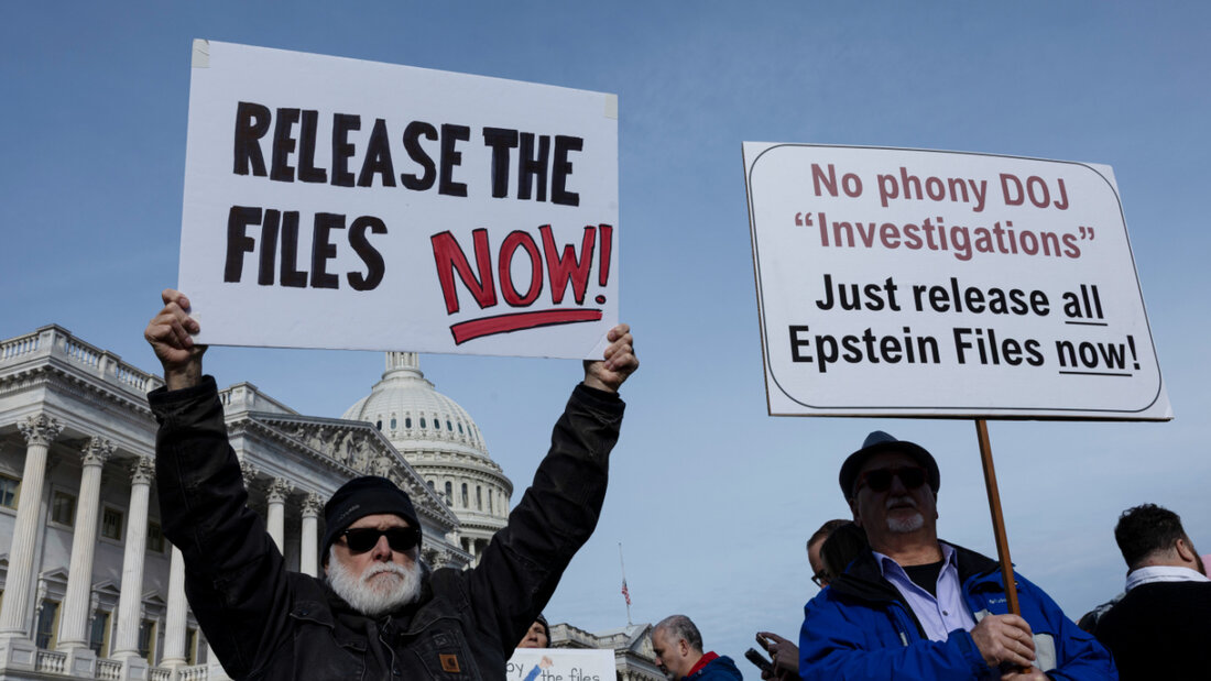 Demonstranten halten Schilder während einer Pressekonferenz zum Epstein Files Transparency Act vor dem U.S. Capitol in Washington, D.C.. Foto: Mehmet Eser/ZUMA Press Wire/dpa 20251119060827797.jpg