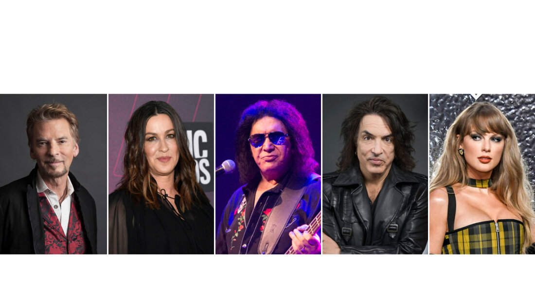 Neben Taylor Swift (rechts) werden weitere Musikerinnen und Musiker in die Songwriters Hall of Fame aufgenommen (von links): Kenny Loggins, Alanis Morissette, Gene Simmons und Paul Stanley. 20260122095656432.jpg