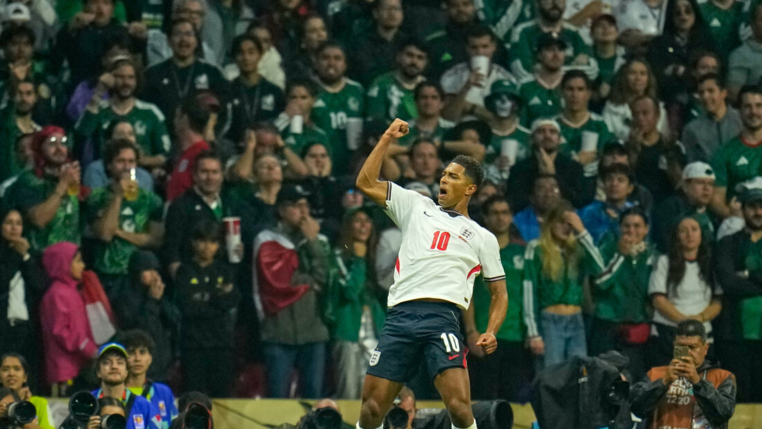 Englischer Jubel im Aztekenstadion: Jude Bellingham führte die "Three Lions" mit zwei Treffern zum Sieg im Achtelfinal über Co-Gastgeber Mexiko 20260711044521911.jpg
