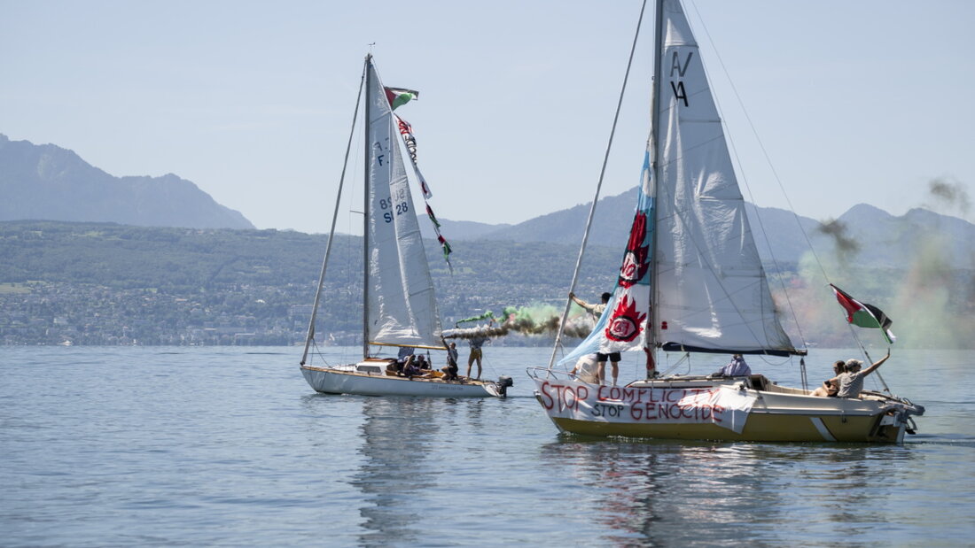 Etwa zwanzig Boote fuhren am Samstag mit Palästina-Flaggen auf den Genfersee. 20260613133335346.jpg