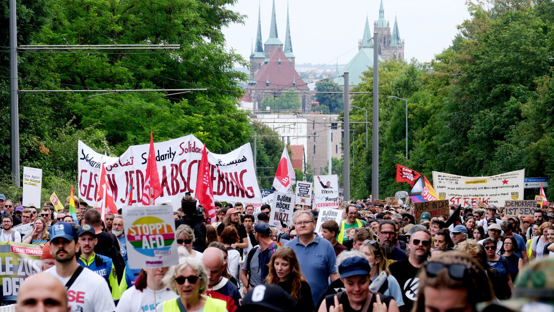 Teilnehmer einer Demonstration auf dem Weg zum Messegelände. Dort findet der Bundesparteitag der AfD statt. Foto: Sebastian Willnow/dpa 20260704162023102.jpg