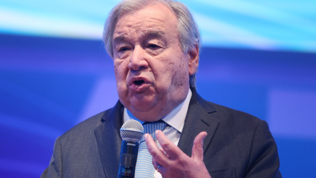 ARCHIV - UN-Generalsekretär Antonio Guterres spricht auf der Veranstaltung "Water Forward - Driving Jobs and Prosperity" während der Frühjahrstagung von Weltbank und IWF am Hauptsitz des IWF in Washington. Foto: Gent Shkullaku/ZUMA Press Wire/dpa 20260529094403156.jpg