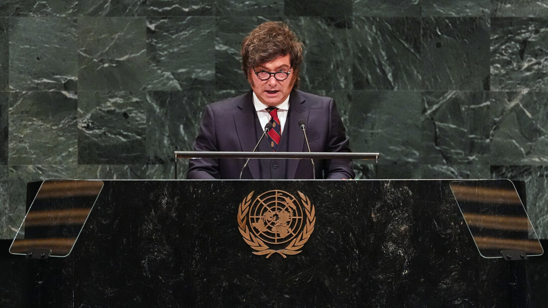 Der argentinische Präsident Javier Milei hält im Hauptquartier der Vereinten Nationen eine Rede. Foto: Heather Khalifa/FR172147 AP/AP/dpa 20260923203531284.jpg