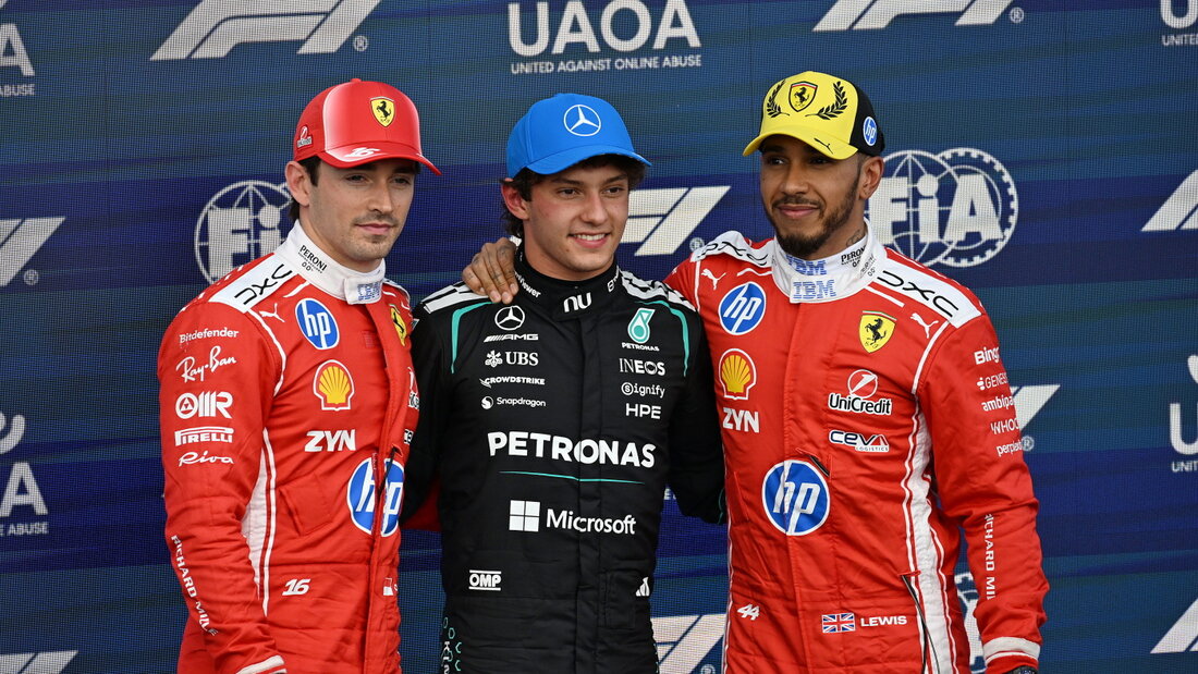 Mercedes-Fahrer Kimi Antonelli (Mitte) sichert sich vor Charles Leclerc (l.) und Lewis Hamilton in den Ferrari die Pole-Position für den GP von Grossbritannien 20260704185527730.jpg
