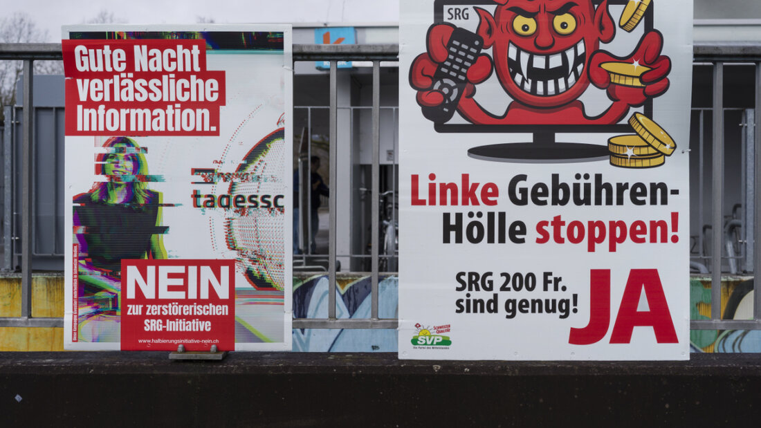 Die Grösse der Plakate täuscht: Die Gegner der SRG-Initiative haben weit mehr Geld zur Verfügung als das Pro-Lager. (Symbolbild) 20260206093709490.jpg
