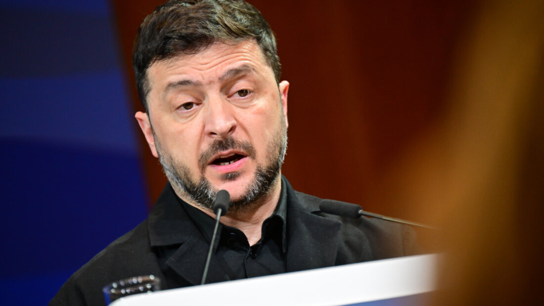 ARCHIV - Wolodymyr Selenskyj, ukrainischer Präsident, spricht während des Deutsch-ukrainischen Wirtschaftsforums. Foto: Sebastian Gollnow/dpa 20260103045232674.jpg