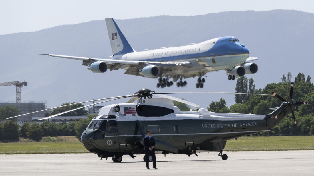 Am Montag waren mehrere Flugzeuge von US-Präsident Donald Trump auf dem Rollfeld des Genfer Flughafens. 20260615163432461.jpg