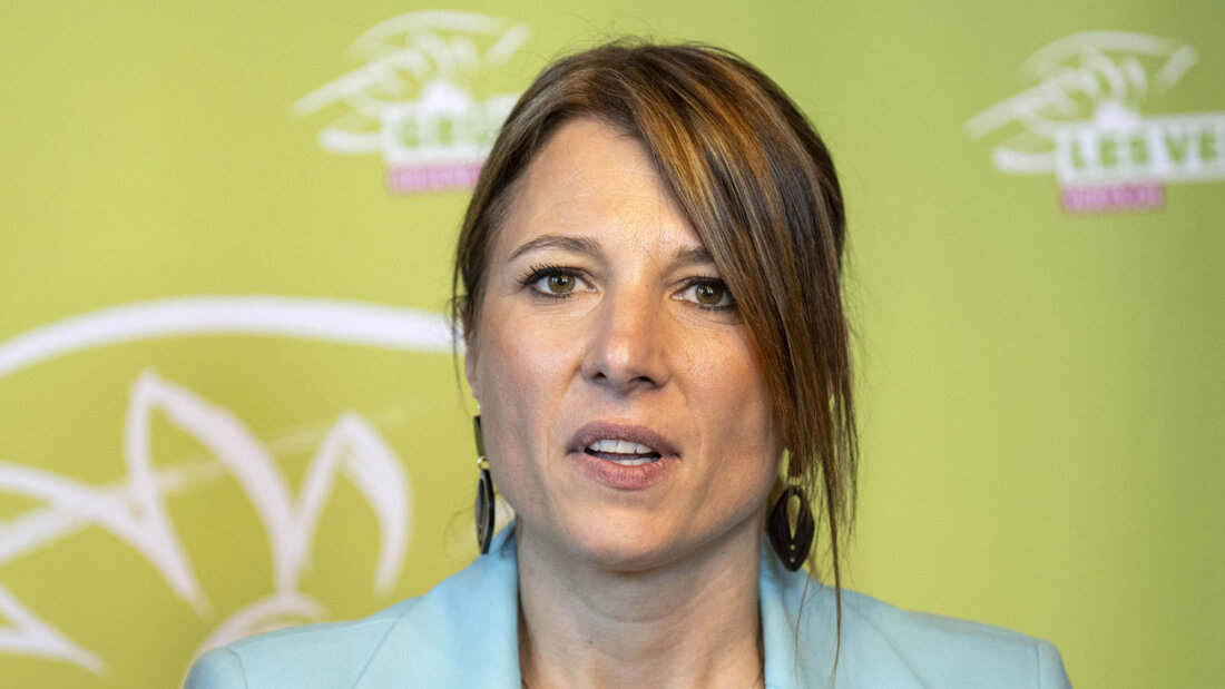 Die Tessiner Nationalrätin Greta Gysin bei ihrem ersten Medienauftritt als neue Fraktionschefin der Grünen. 20260522140934279.jpg