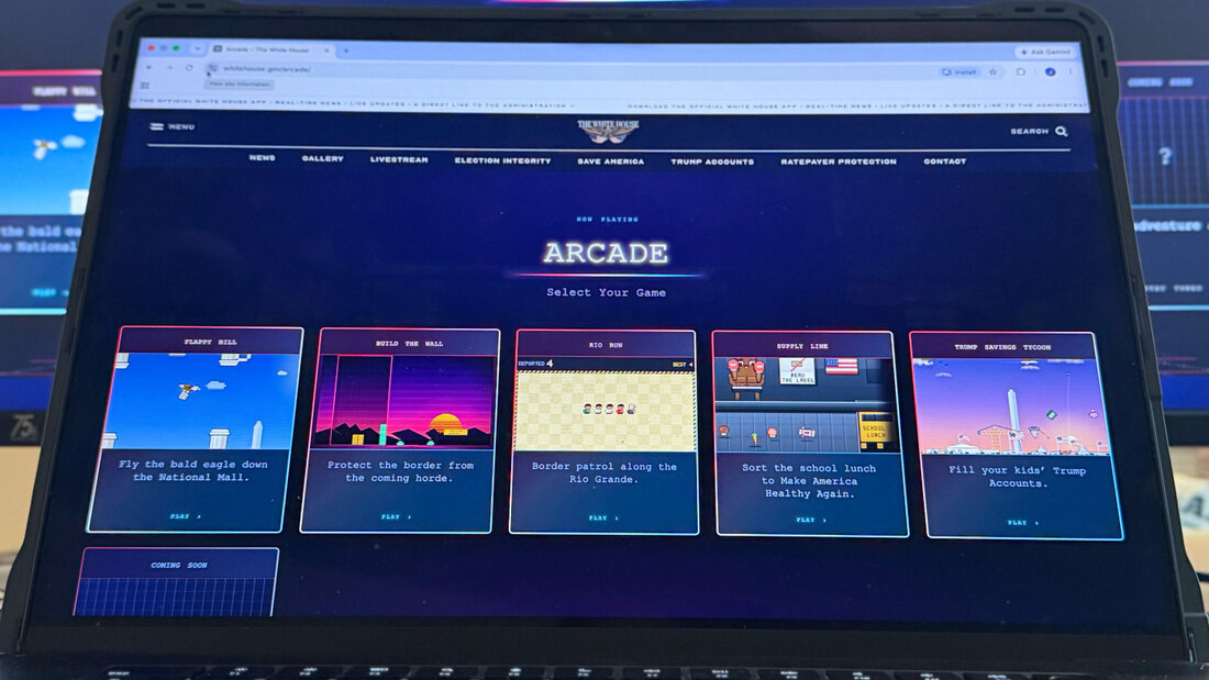 Eine Website des Weißen Hauses mit Videospielen wird auf einem Computerbildschirm angezeigt. Foto: Jon Elswick/AP/dpa 20260904093832553.jpg