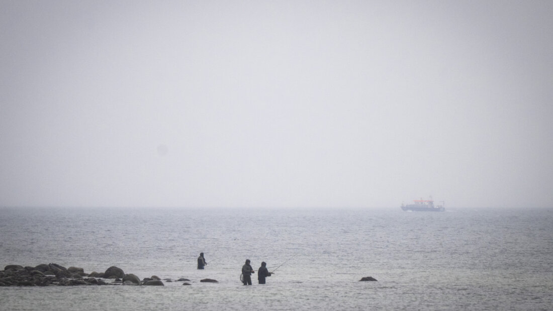 Das Boot «Uecker» (hinten,r) von der Wasserschutzpolizei fährt an der Ostseeküste vor Boltenhagen entlang. Bei der Suche nach dem vor Timmendorfer Strand befreiten Buckelwal fährt das Boot seit dem frühen Morgen die Küste ab. Foto: Philip Dulian/dpa 20260328152449023.jpg