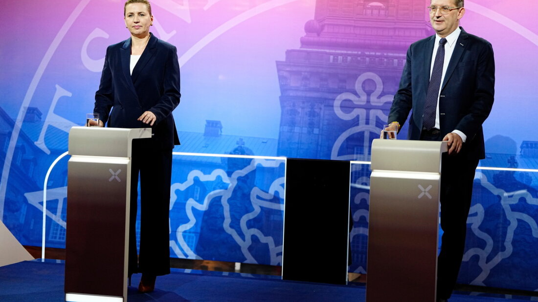 ARCHIV - Die Kandidaten für das Amt des Ministerpräsidenten in Dänemark, Mette Frederiksen und Troels Lund Poulsen, nehmen an einer Fernsehdebatte teil. Foto: Mads Claus Rasmussen/Ritzau Scanpix/dpa/Archivbild 20260522192759333.jpg