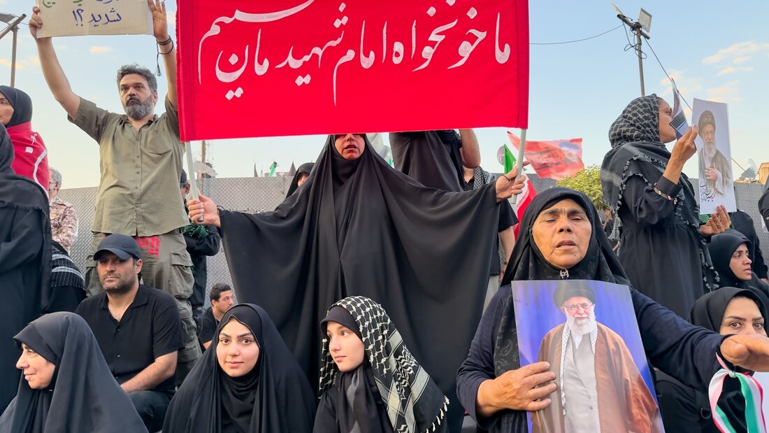 Trauernde halten Schilder und Porträts des ermordeten iranischen Obersten Führer Ajatollah Ali Chamenei hoch, während sie auf dem Platz der Islamischen Revolution auf seinen Trauerzug in Teheran, Iran, warten. Foto: Altaf Qadri/AP/dpa 20260706042904615.jpg