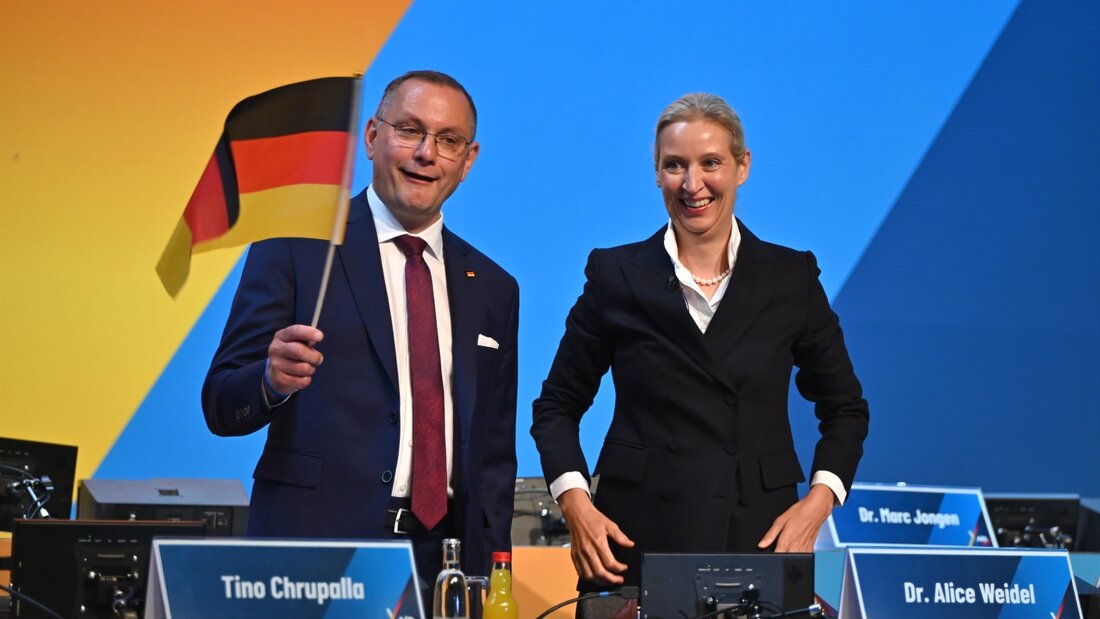 Alice Weidel und Tino Chrupalla sind als Parteivorsitzende der AfD wiedergewählt worden. Foto: Katharina Kausche/dpa 20260704140130969.jpg